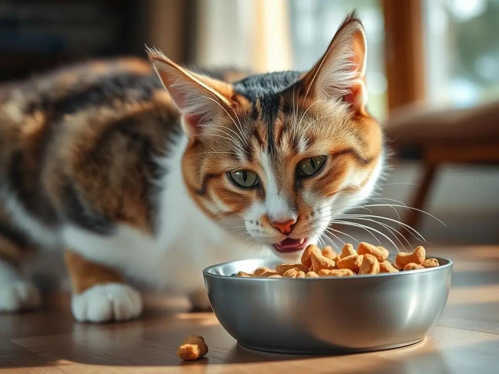 A cat gracefully eating from a bowl of natural cat food, with visible ingredients such as fish and greens. The background is a cozy living room, highlighting the comfort and care associated with feeding your cat natural food.