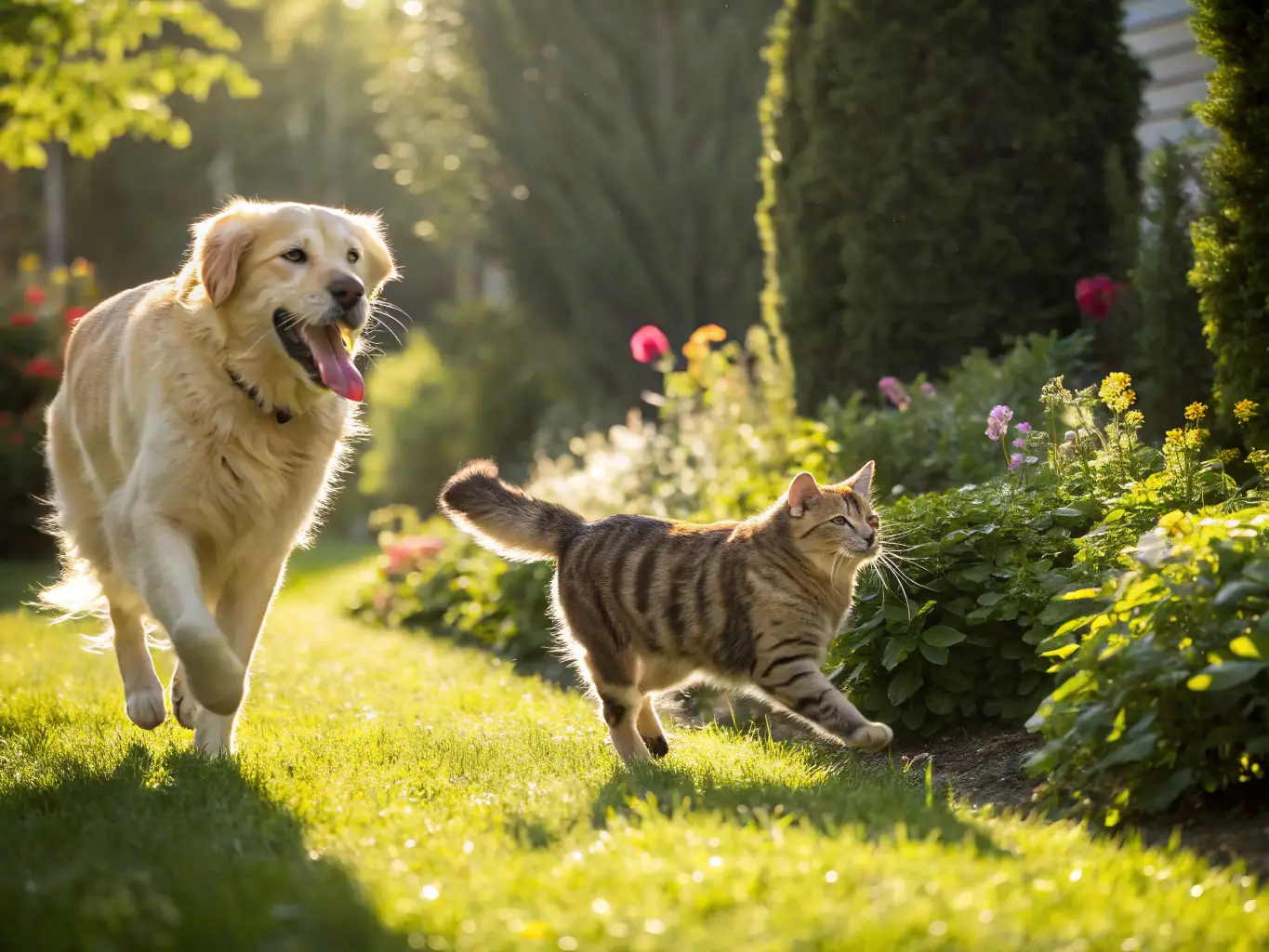 A split image showing a healthy, energetic dog and a sleek, content cat, both thriving on natural food. The background is a vibrant outdoor setting, symbolizing the vitality and well-being that natural food provides.