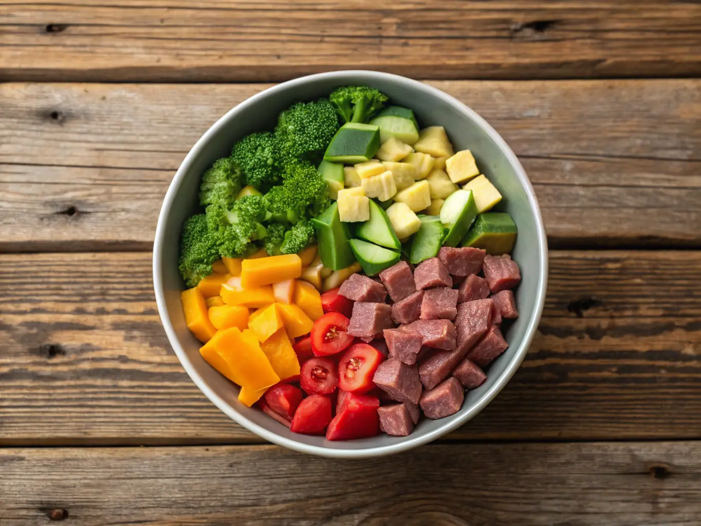 A close-up shot of a bowl filled with natural dog food, showcasing the high-quality ingredients such as real meat, vegetables, and grains. The image should convey freshness and nutritional value.