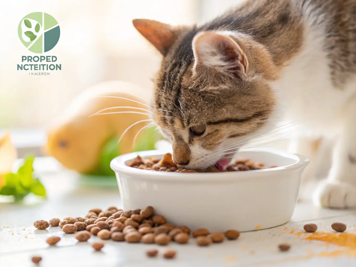 A visually appealing image of a cat enjoying a bowl of natural cat food. The cat should appear healthy and content, with a shiny coat. The background should be clean and inviting.