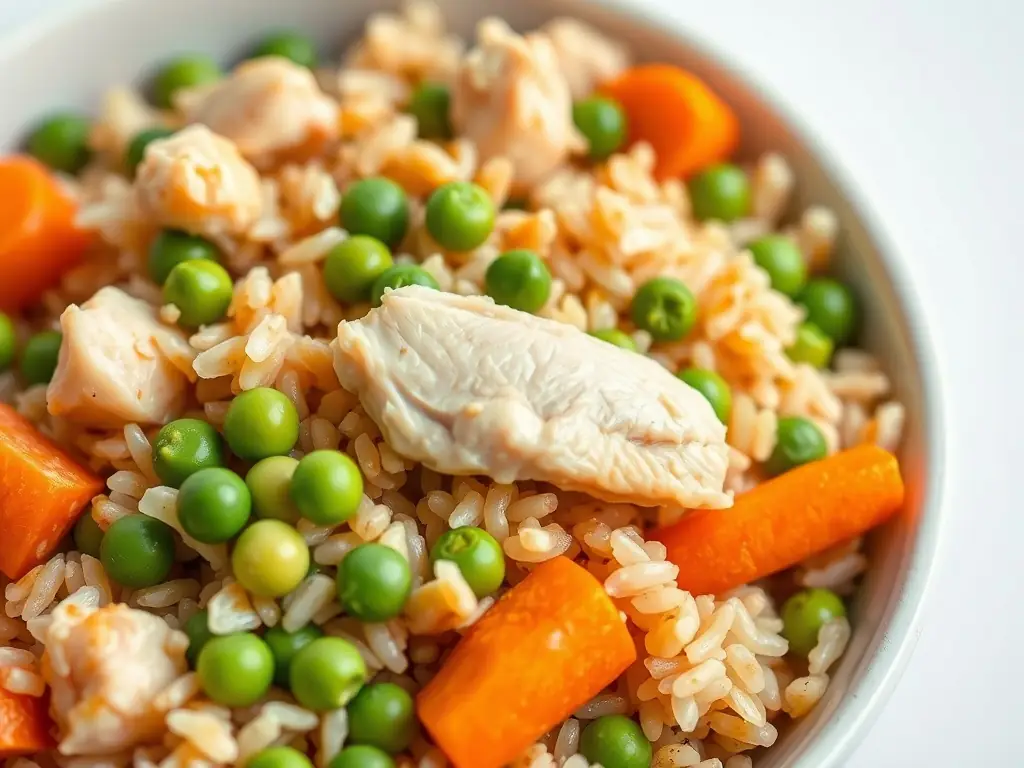 A close-up shot of a bowl filled with natural dog food, showcasing visible ingredients like chunks of meat, vegetables, and grains. The setting is a bright, modern kitchen, emphasizing the freshness and quality of the food.